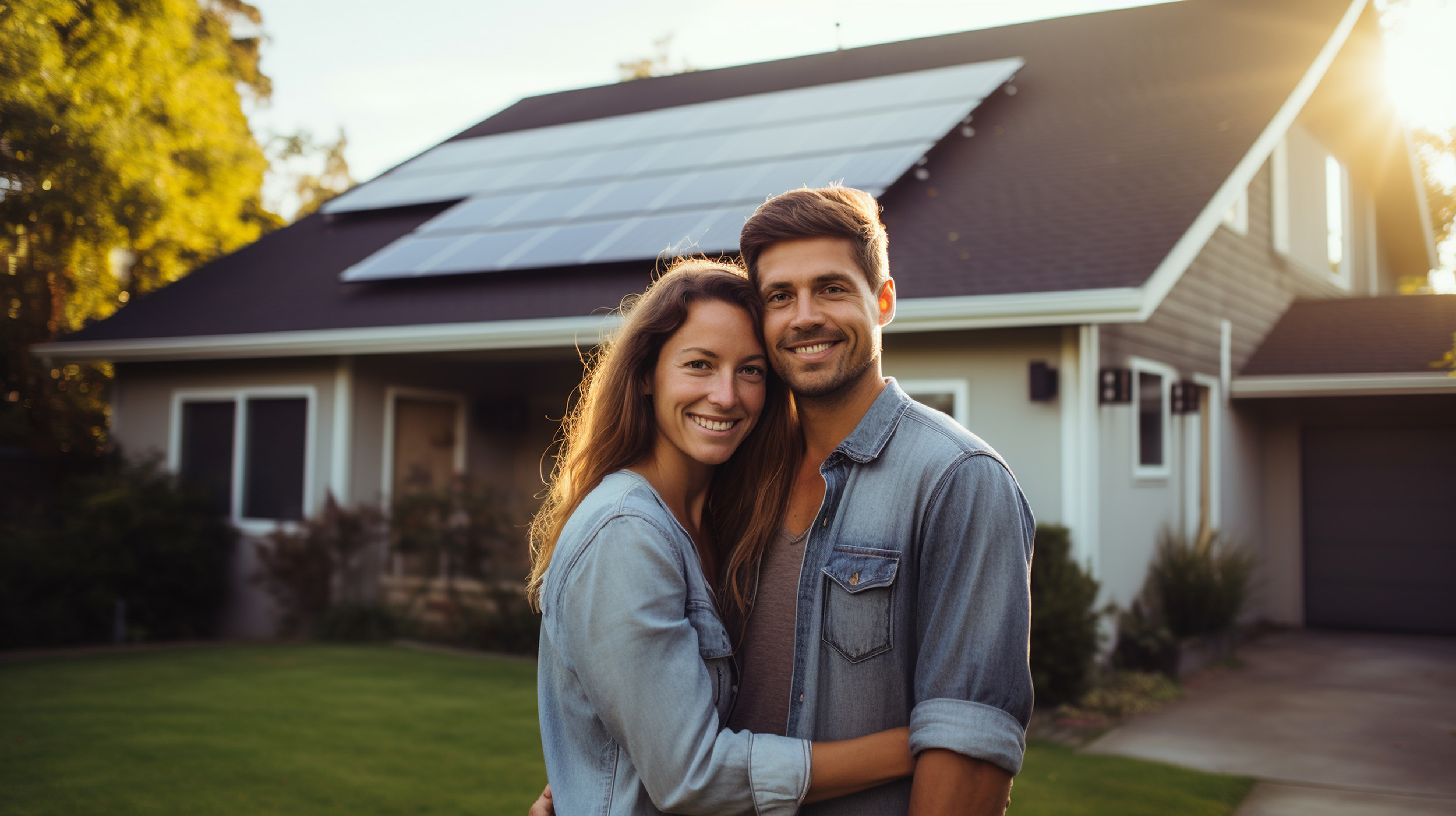 happy couple standing near a house with solar panels alternative energy ai generative ai